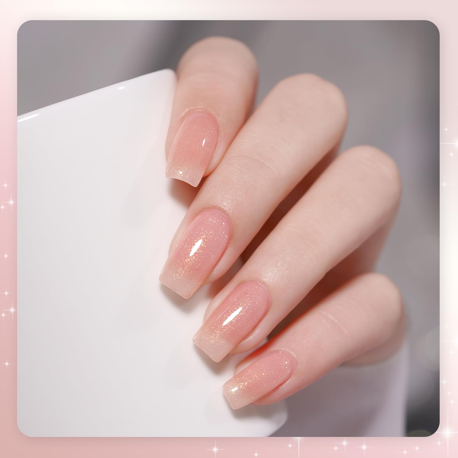 GAOY hand with finished manicure showing milky sheen and natural-looking glossy finish benefit