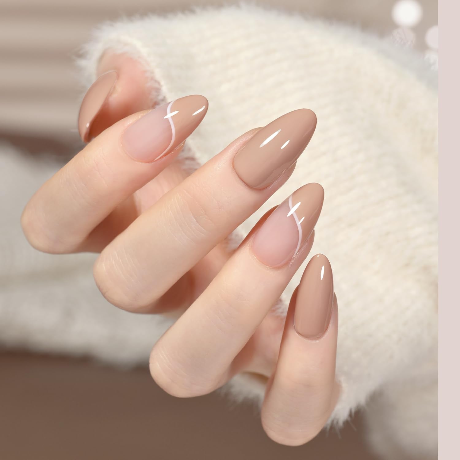 GAOY manicure in use cured under lamp demonstrating long-lasting hold benefit