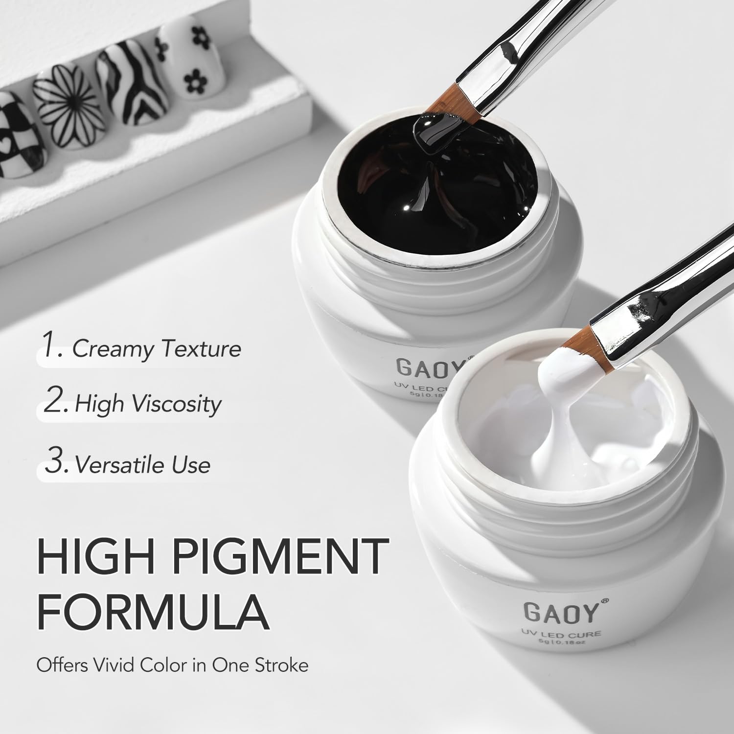 GAOY painted nails with floral black and white design showing professional finish benefit