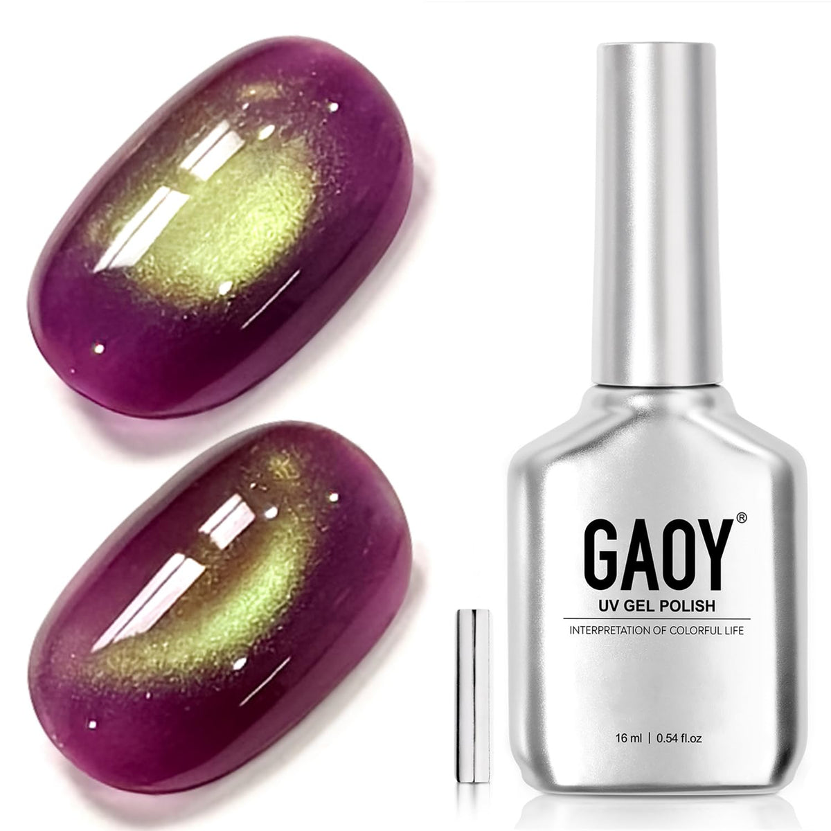 GAOY front bottle showing Neon Grape shade and label, demonstrates product clarity