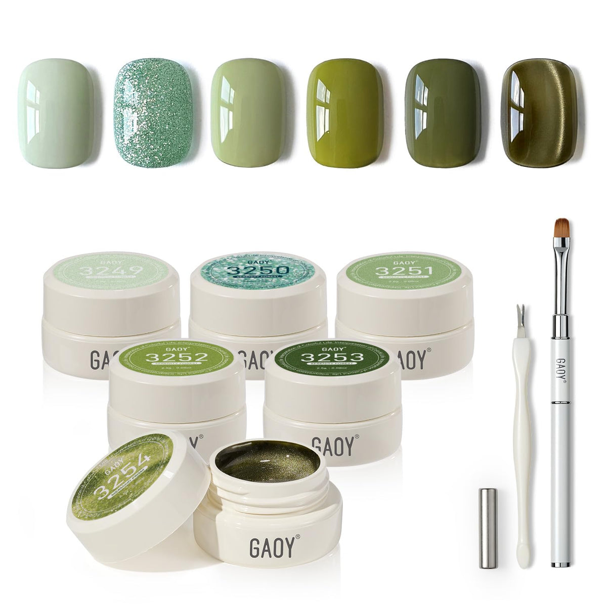 GAOY set front packaging showing six olive green gel pots, perfect for cohesive manicures