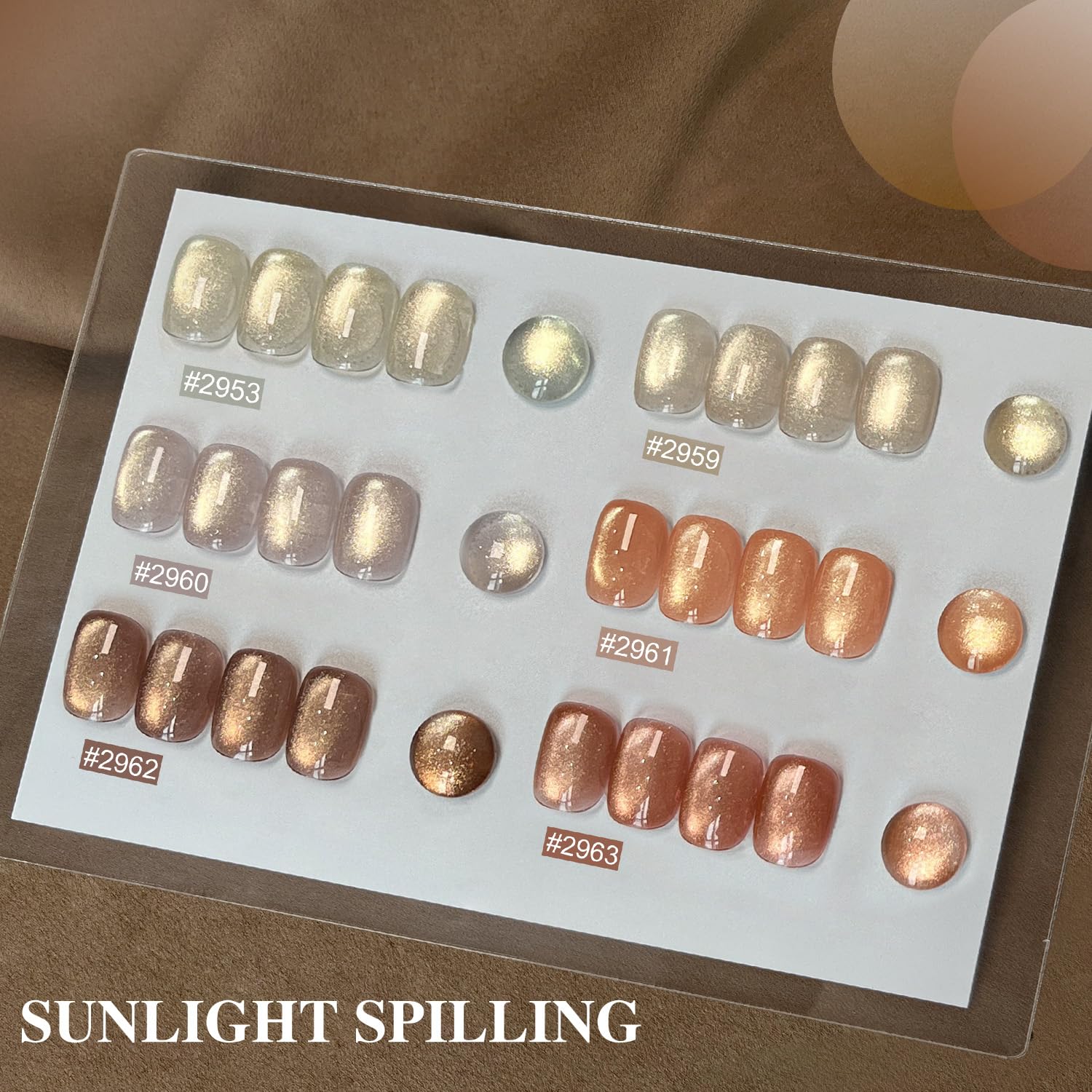 GAOY open bottles display six holographic and glitter cat eye colors for versatile nail art