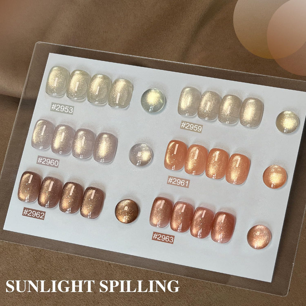 GAOY open bottles display six holographic and glitter cat eye colors for versatile nail art