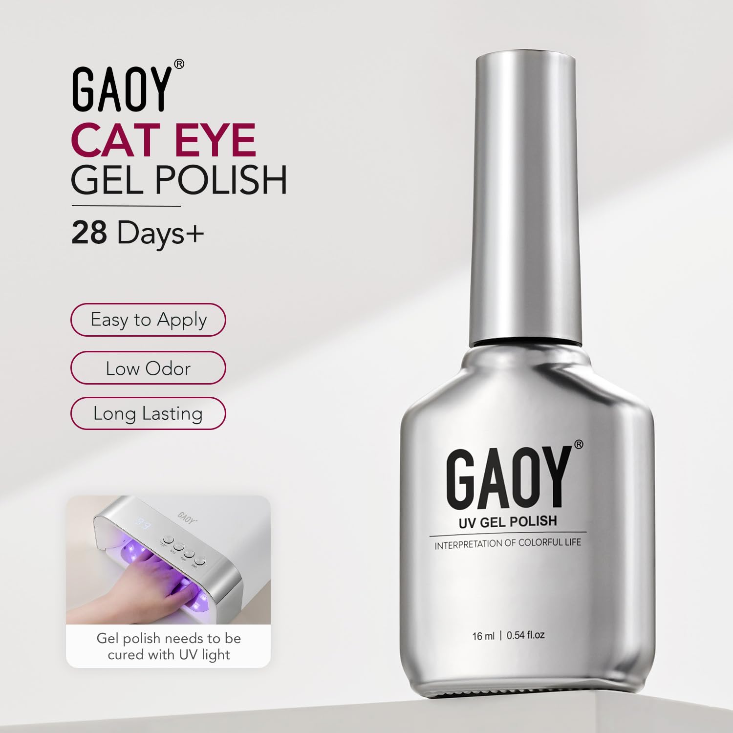 GAOY package contents with bottle and magnet displayed for at-home cat-eye nail art