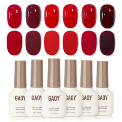 GAOY packaging front with six red gel bottles showing kit contents and convenience