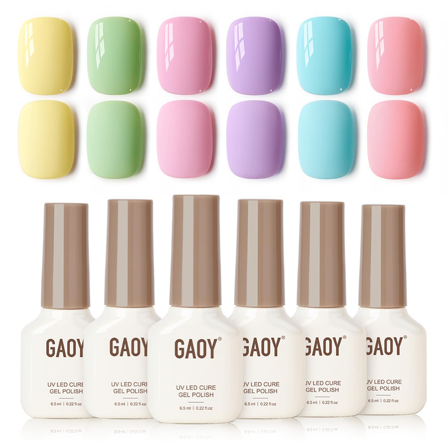 GAOY front packaging showing six pastel gel bottles and kit benefits