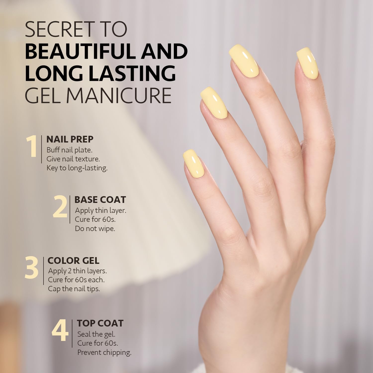 GAOY pastel yellow applied on nails demonstrating glossy cured finish