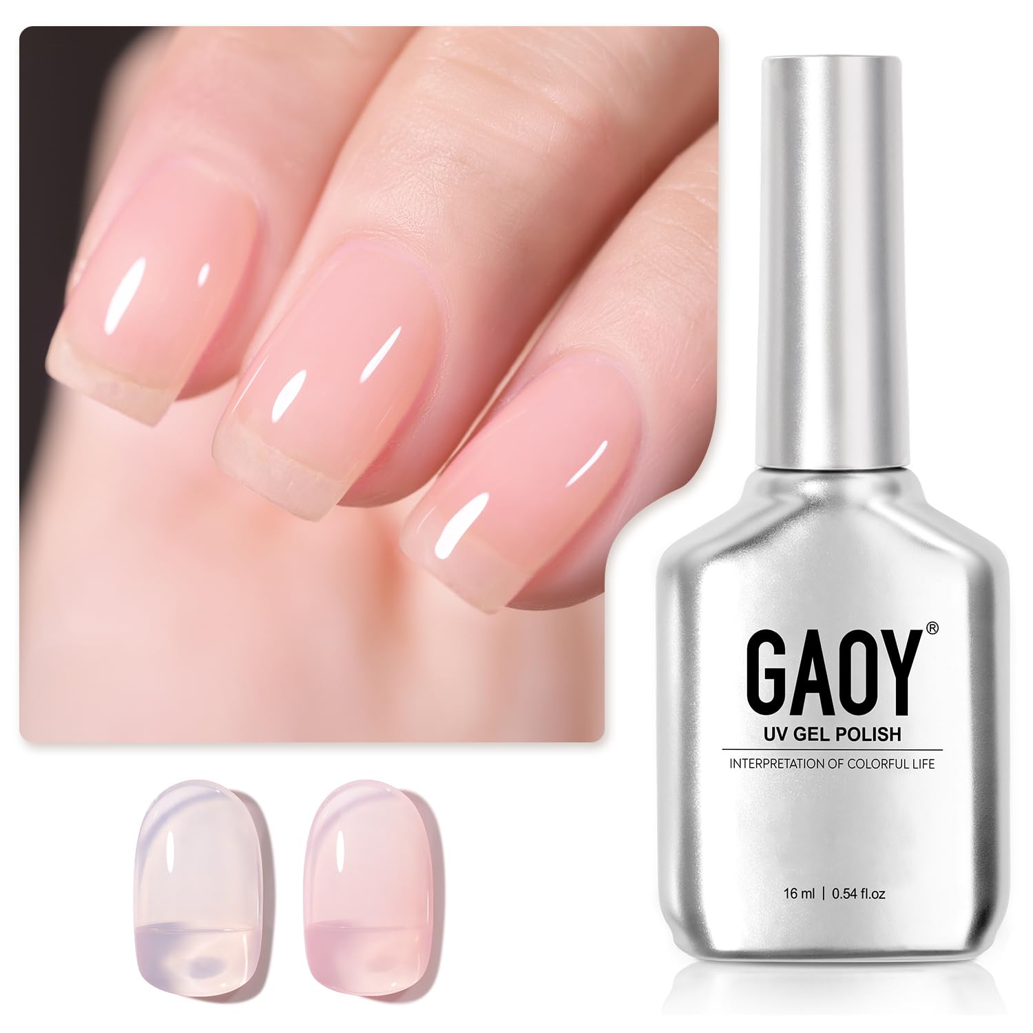 GAOY bottle front view showing milky-pink gel and glossy finish benefit