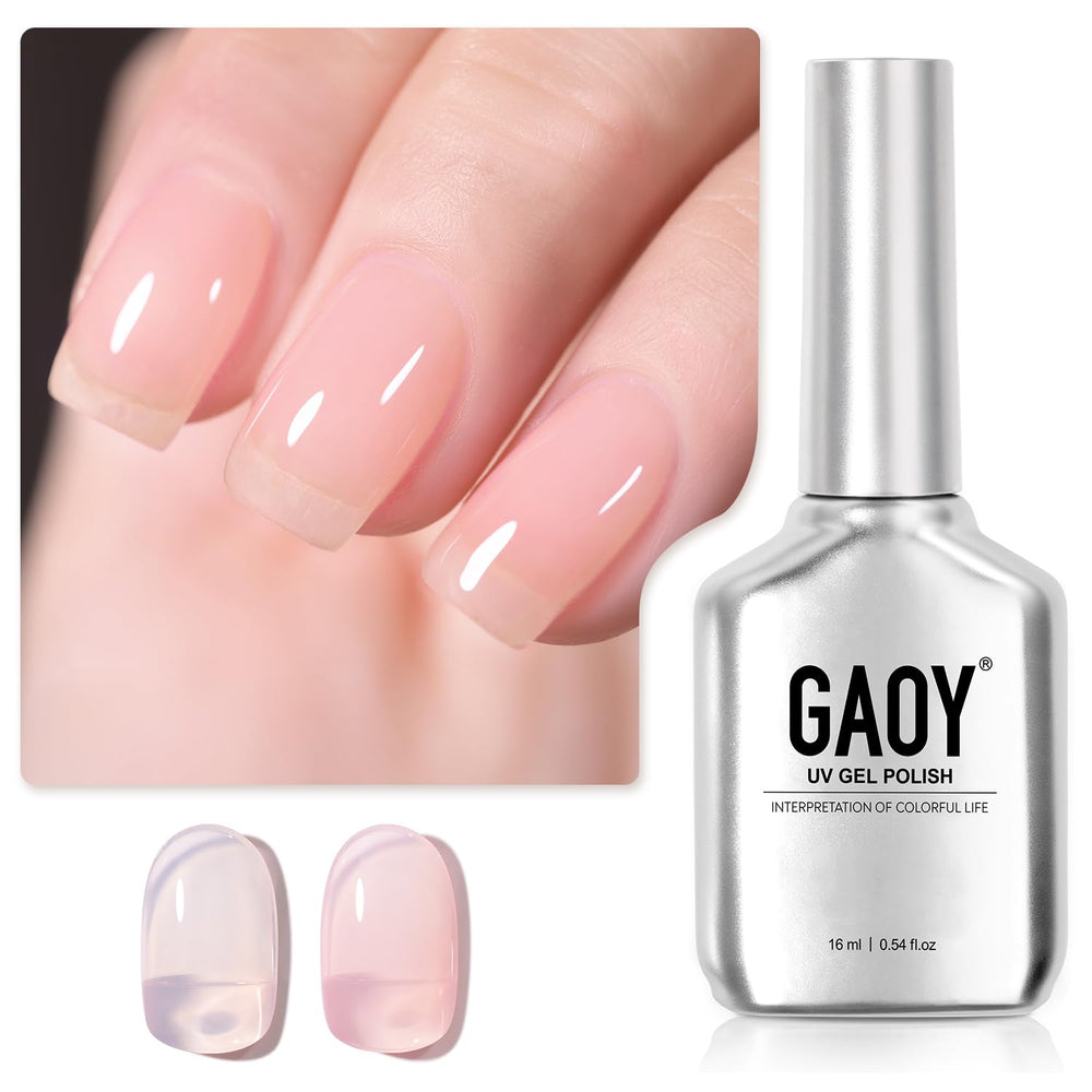 GAOY bottle front view showing milky-pink gel and glossy finish benefit