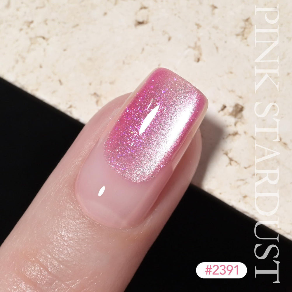 GAOY finished manicure on model showing pink stardust shine for standout nails