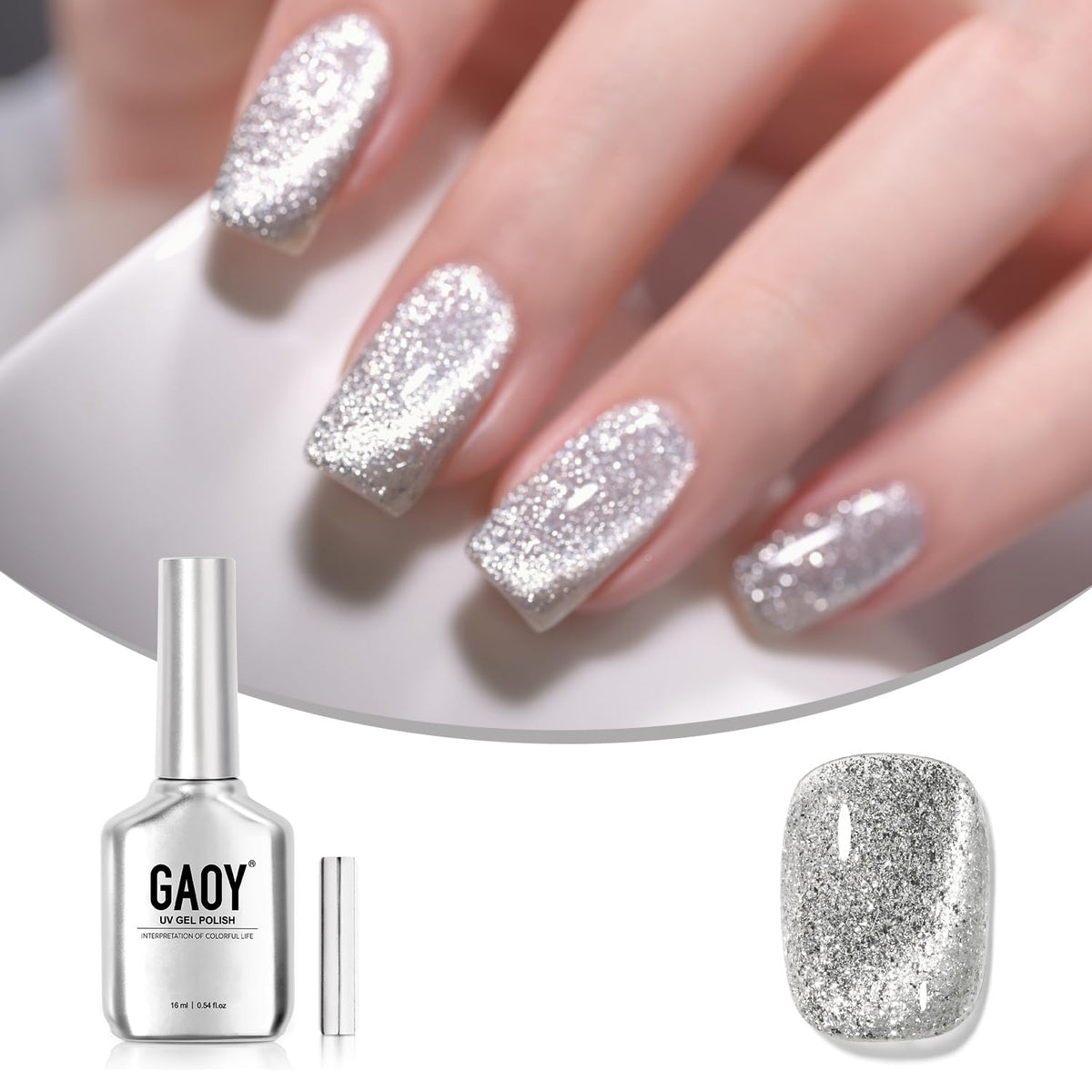 GAOY platinum front bottle showing silver holographic polish and included magnet benefit: ready-to-use