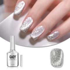 GAOY platinum front bottle showing silver holographic polish and included magnet benefit: ready-to-use
