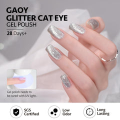GAOY finished nails in lifestyle shot demonstrating reflective silver holographic shine benefit