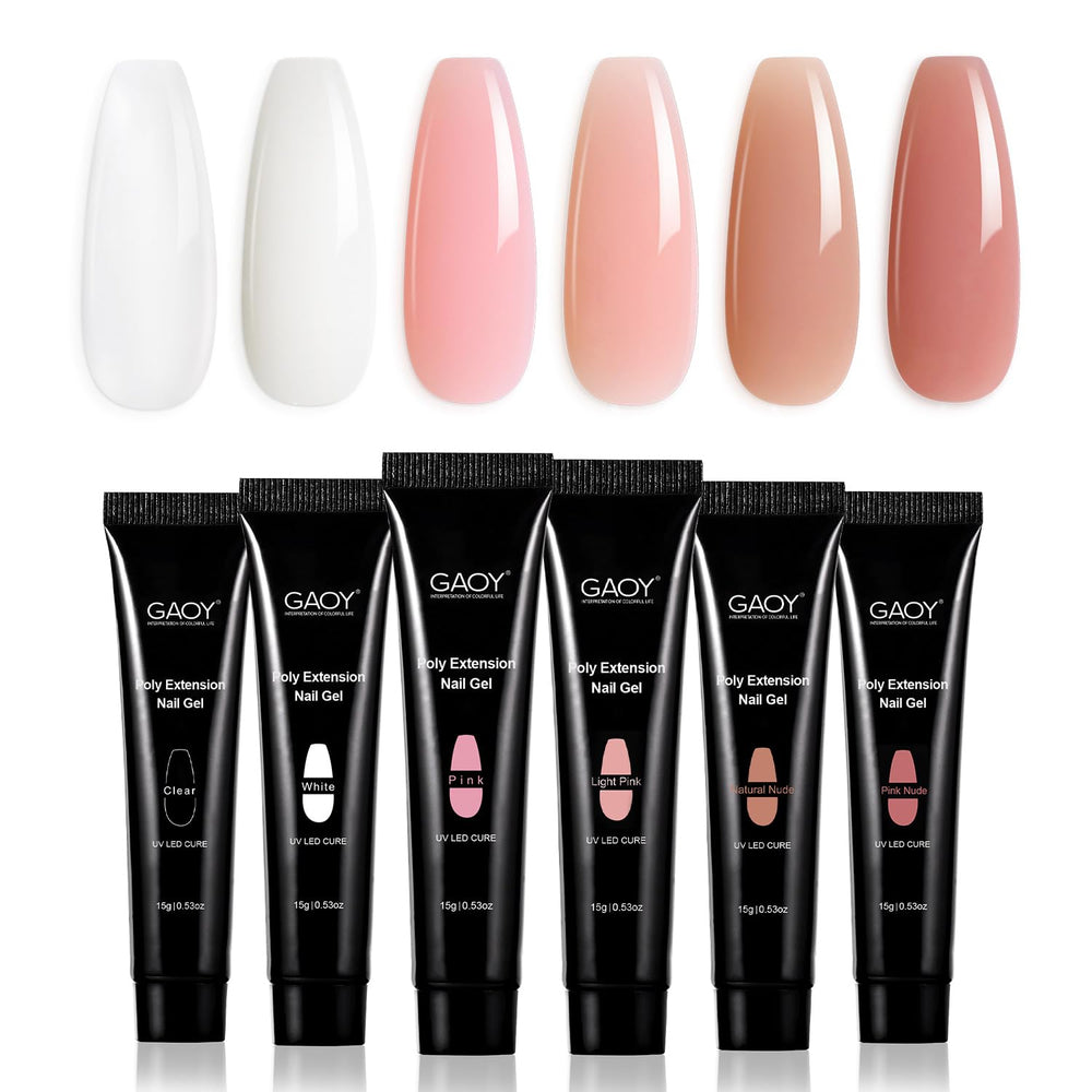 GAOY front packaging of six nude pink poly gels for easy selection and storage