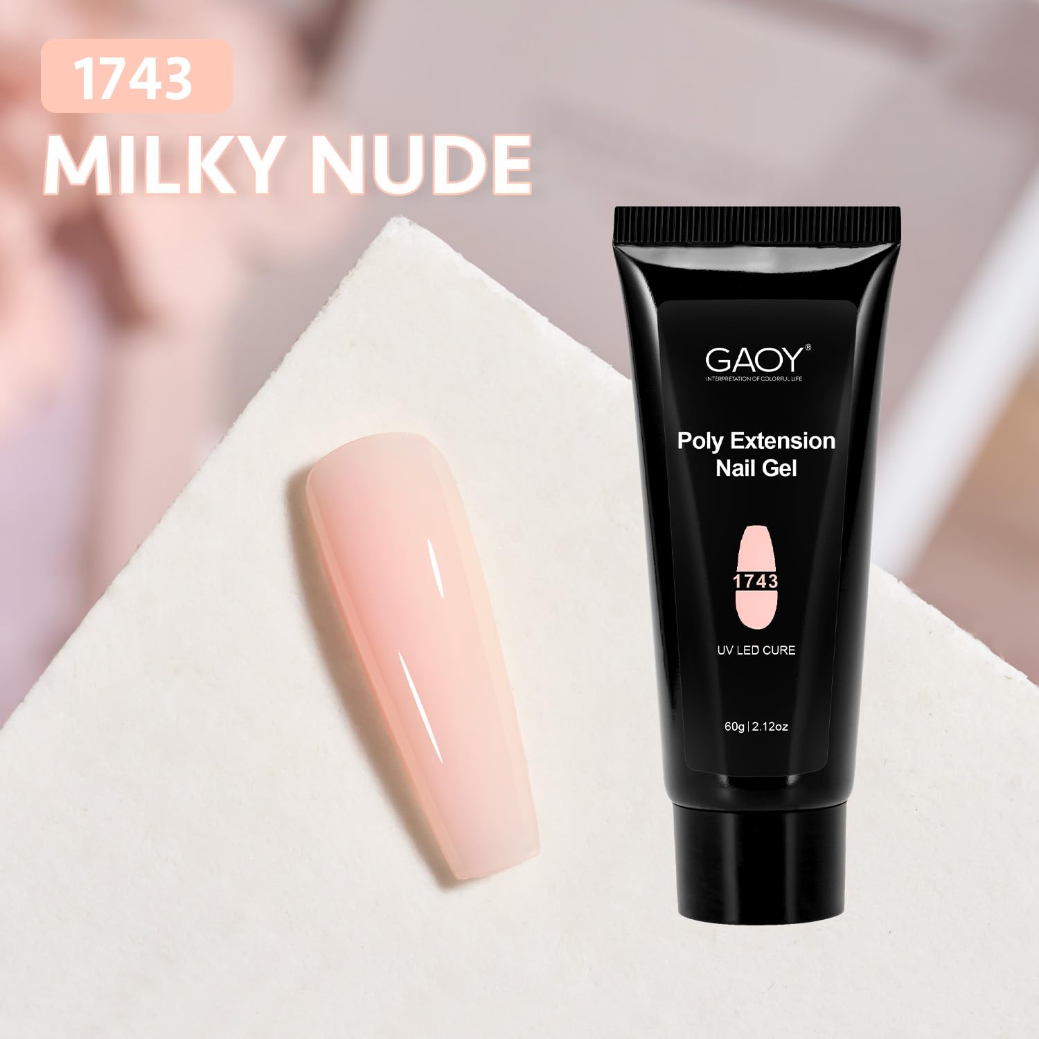 GAOY poly gel next to a hand showing 60g volume for many sets benefit
