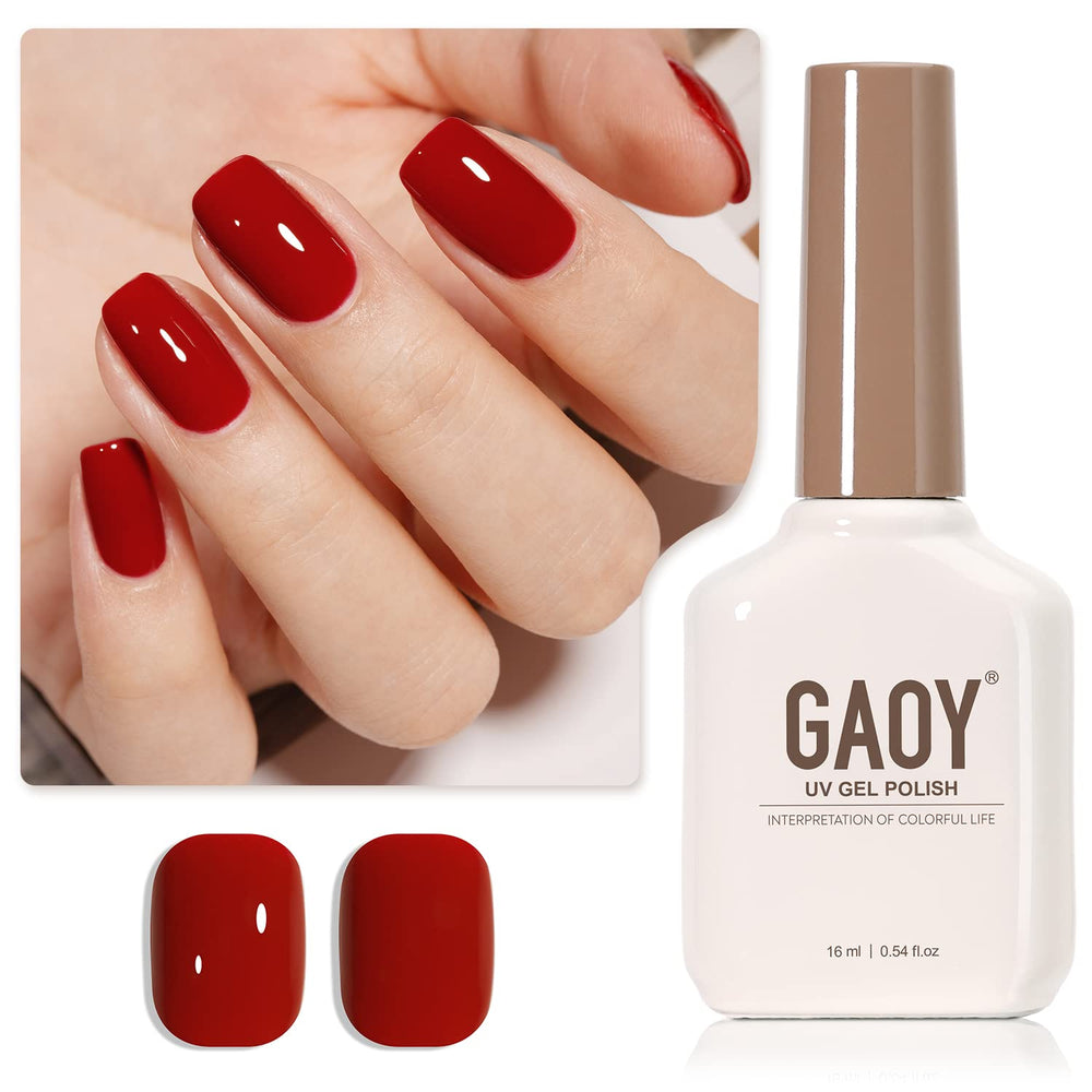 GAOY bottle front view showing ruby red polish and large 16ml volume benefit