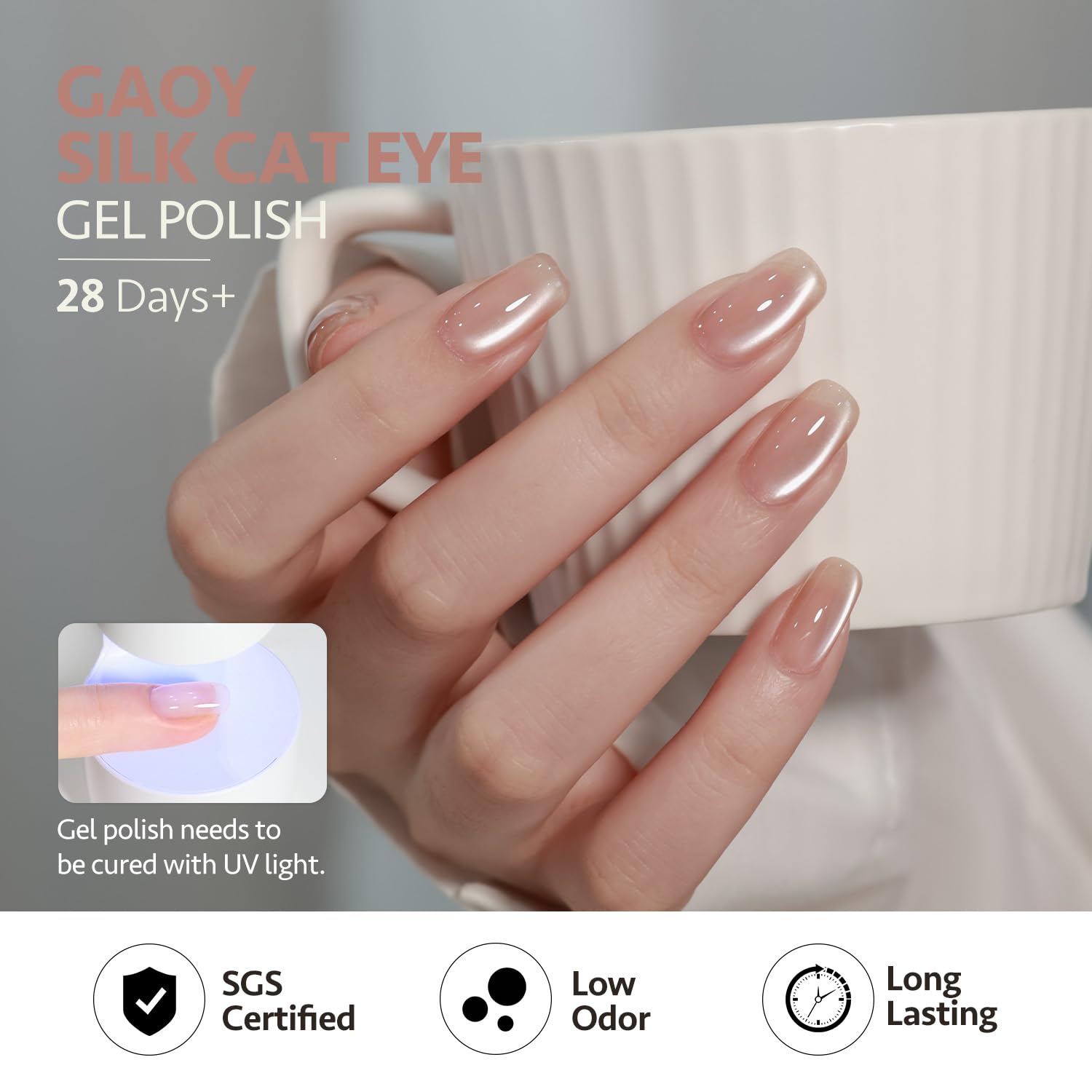 GAOY bottle next to a hand for scale, highlights travel-friendly 6.5ml size benefit