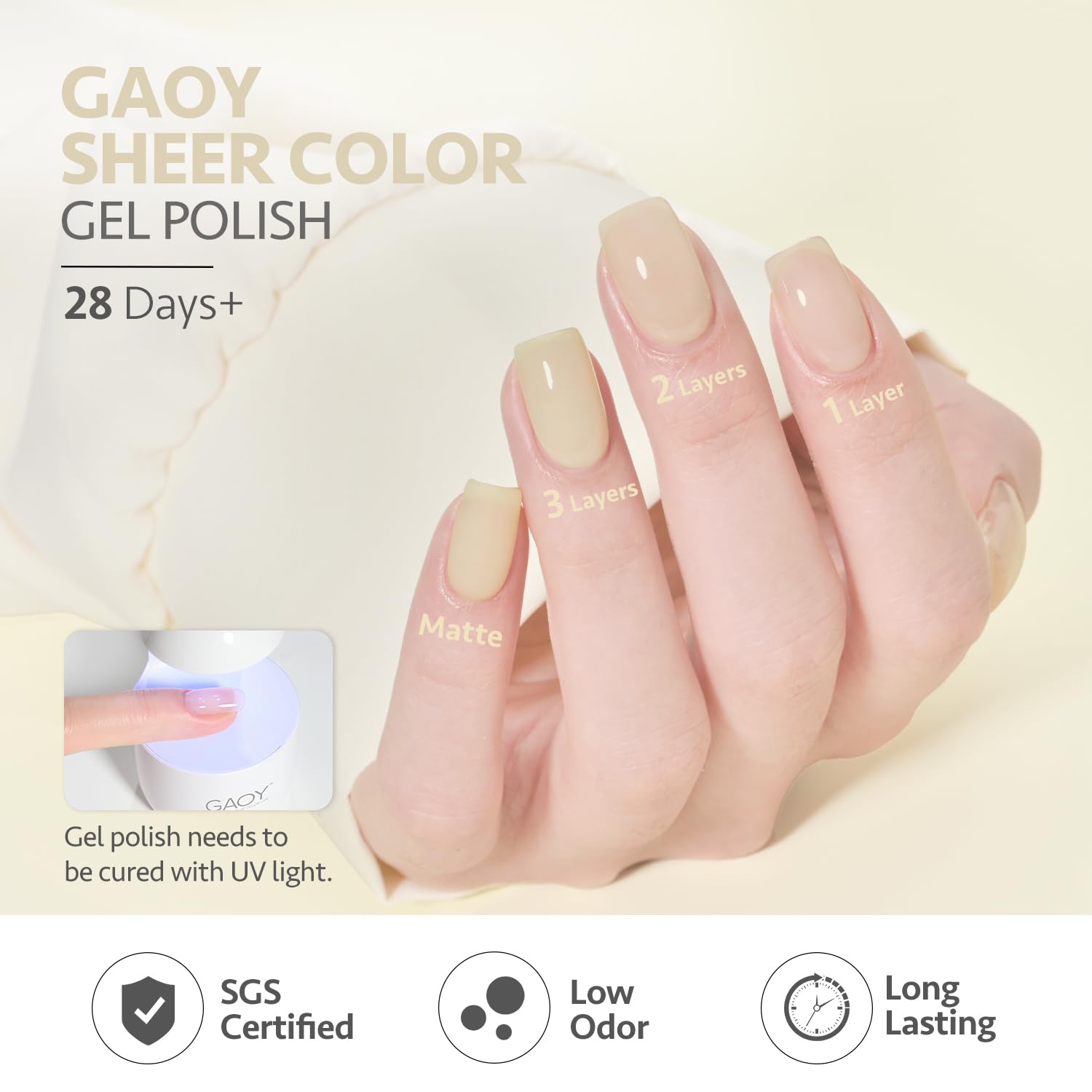 GAOY bottle beside ruler demonstrating 7.3ml size for travel-friendly nail kit