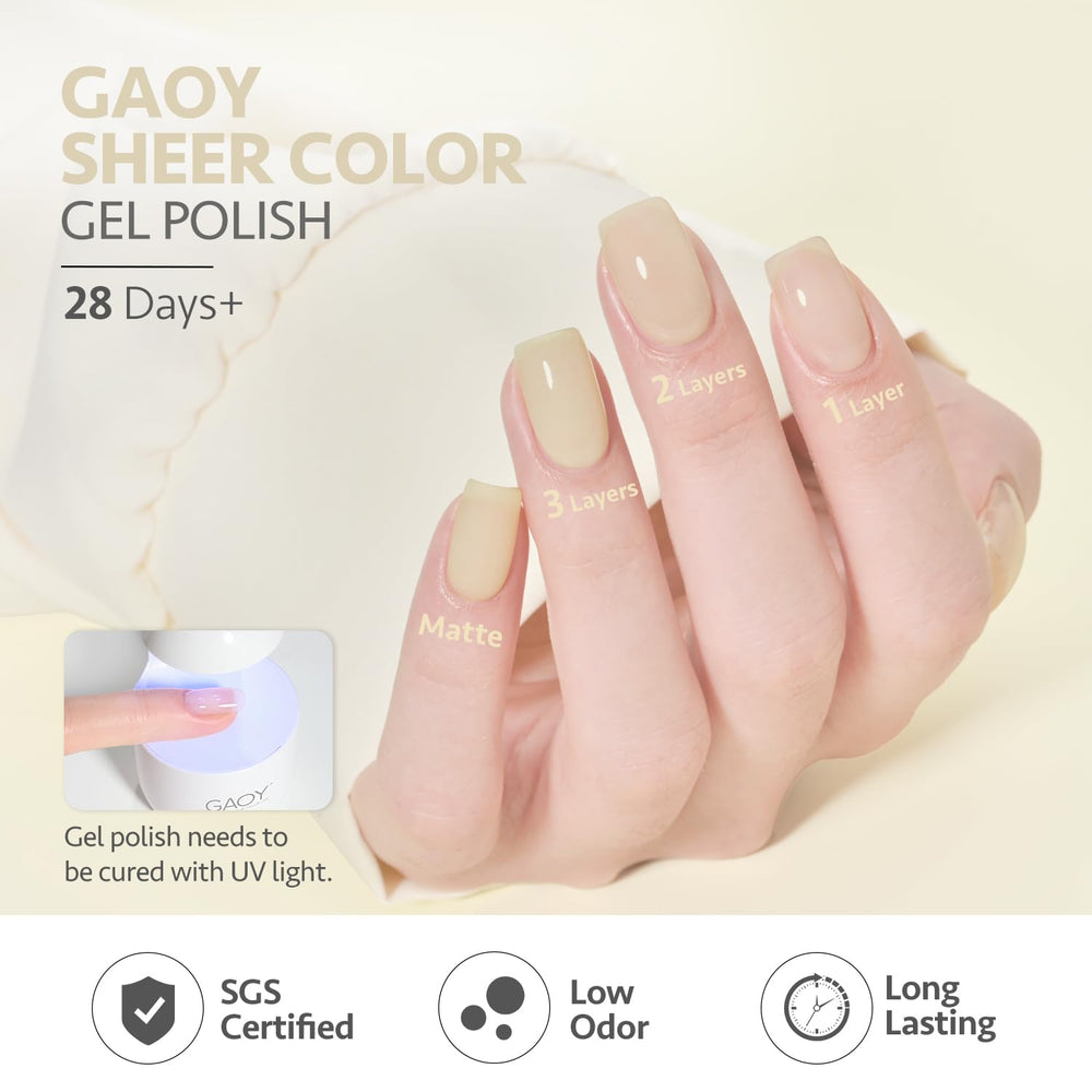 GAOY bottle beside ruler demonstrating 7.3ml size for travel-friendly nail kit