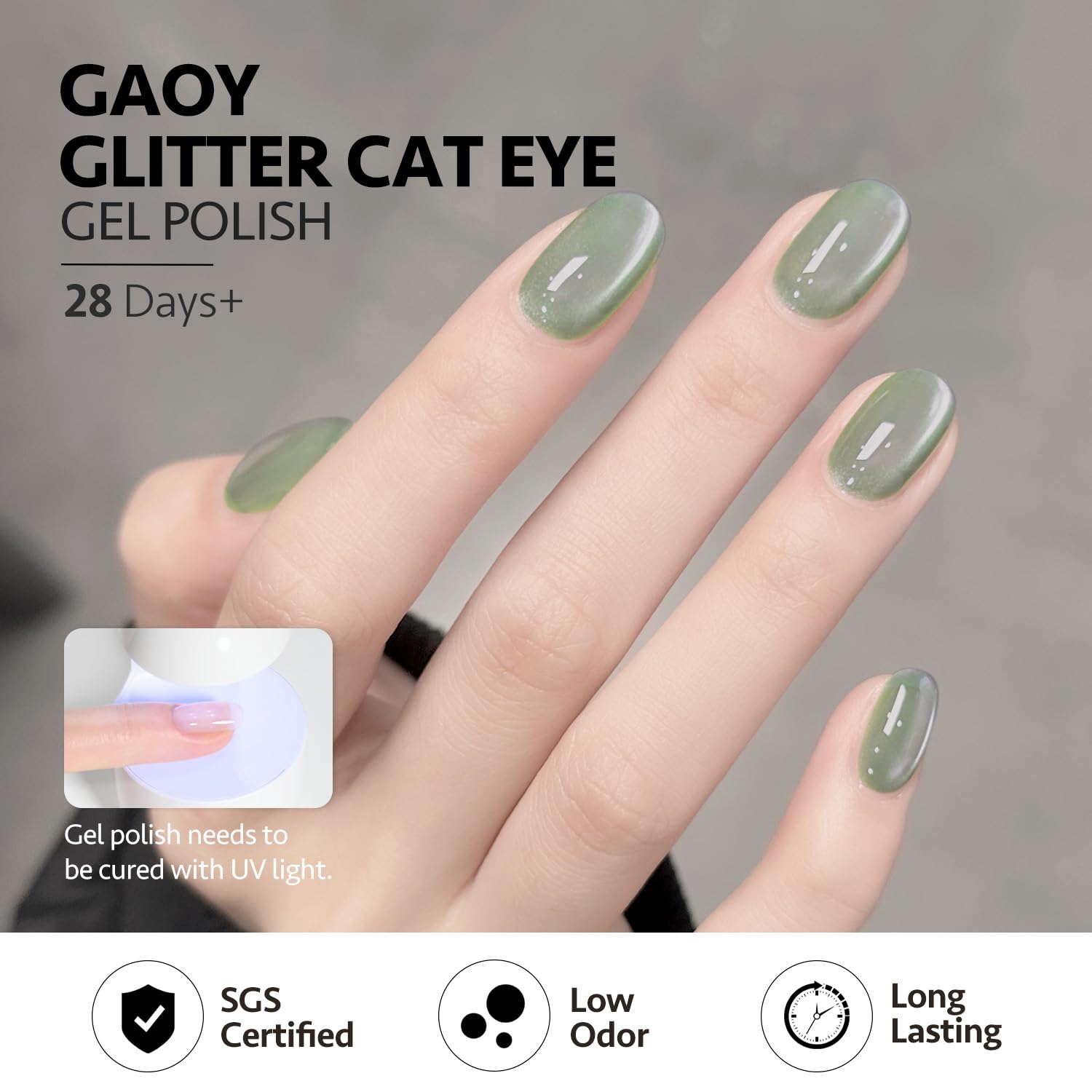 GAOY scale hand comparison showing six 7.3ml bottles and compact travel-friendly benefit