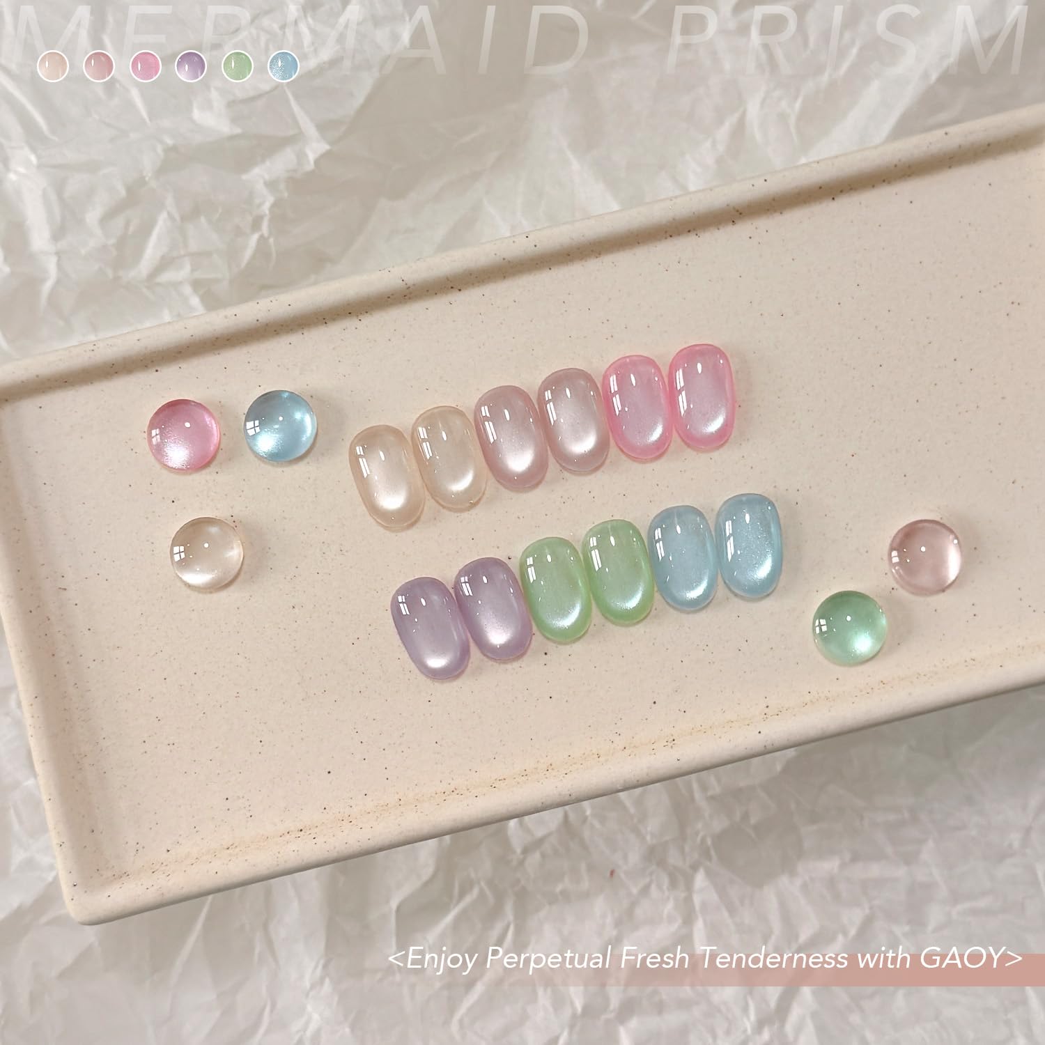 GAOY nail wheel swatches showing six jelly pink blue green holographic shades