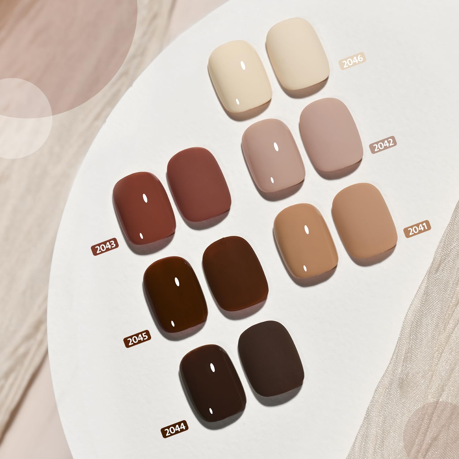 GAOY swatch strip displaying the six nude brown fall shades to visualize color pairings