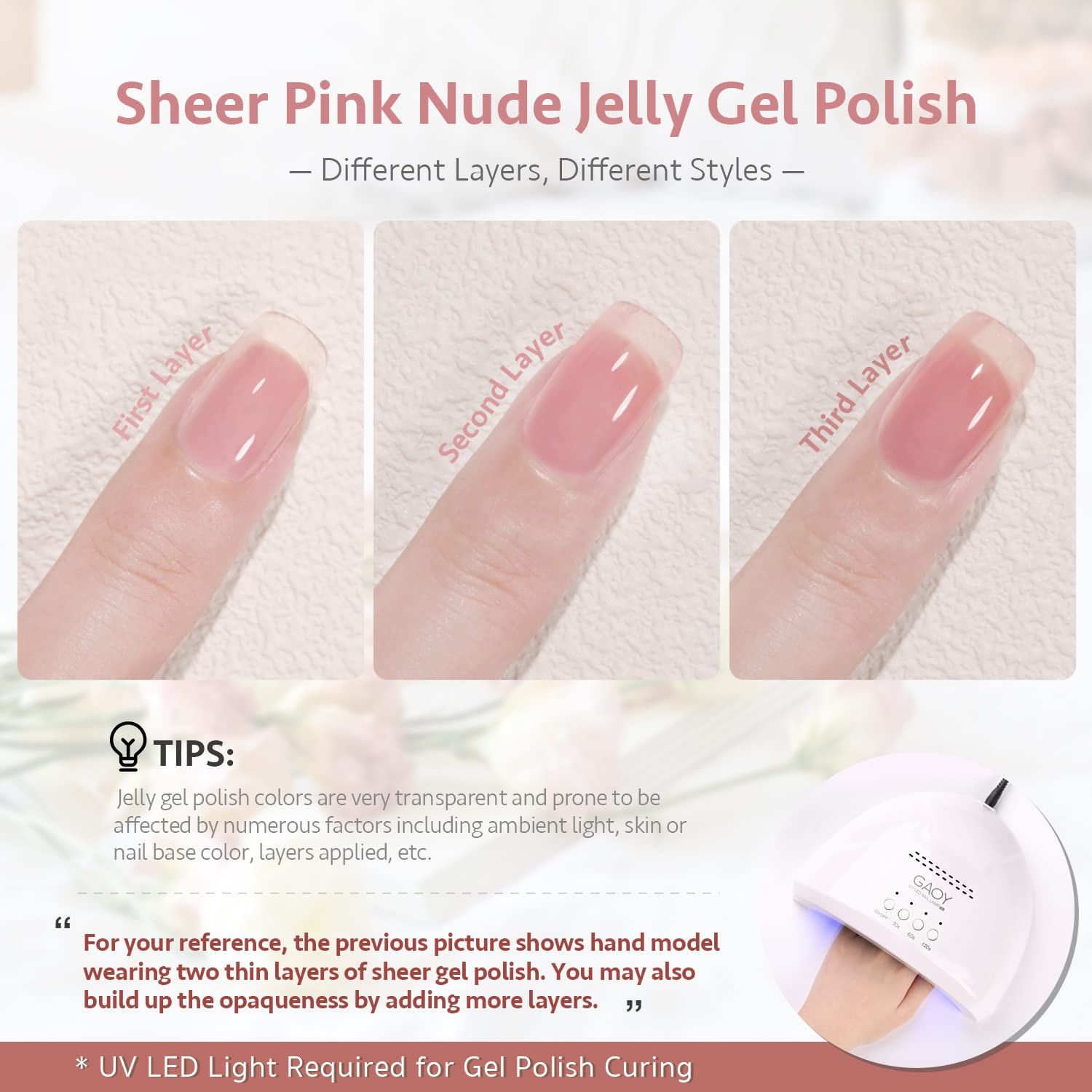 GAOY swatch display of six jelly nude pinks showing layering options benefit