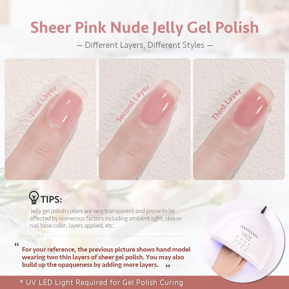 GAOY swatch display of six jelly nude pinks showing layering options benefit