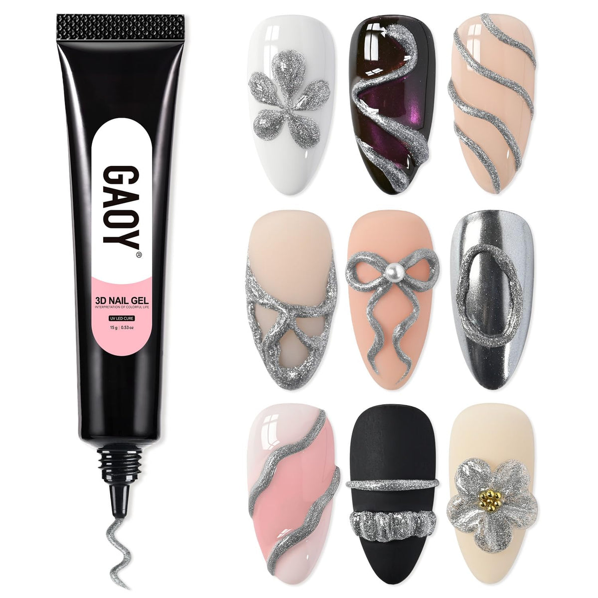 GAOY silver 3D gel tube front view showing brand and color benefits