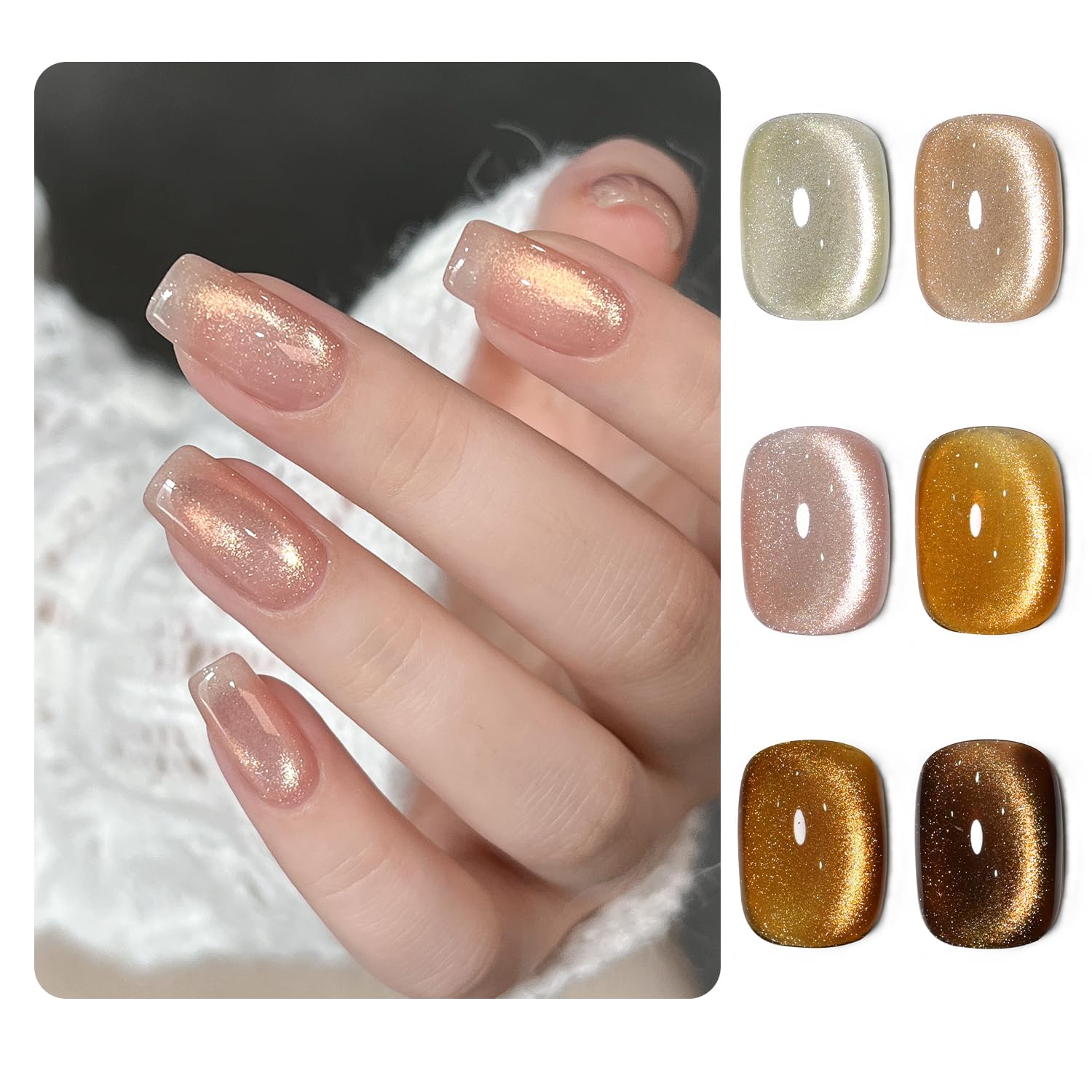 GAOY six 16ml glitter cat eye bottles front view with warm hues for variety