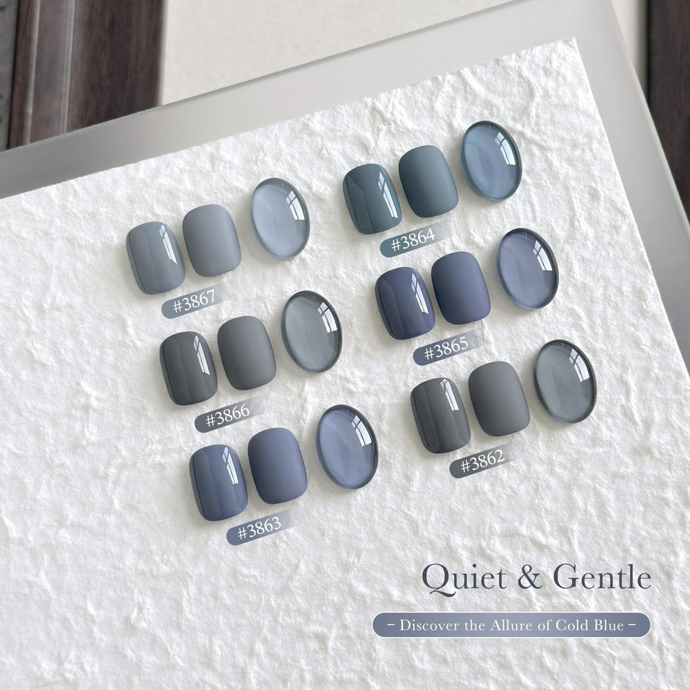 GAOY six bottles lined up highlighting coordinated dark gray and blue shades