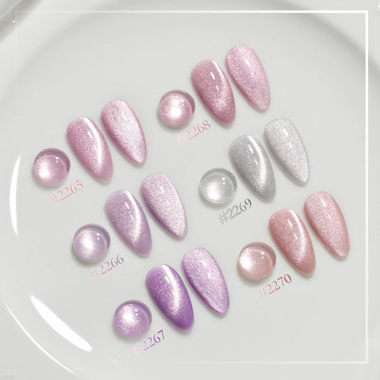 GAOY six bottles lined up showing holographic purple shades for varied looks