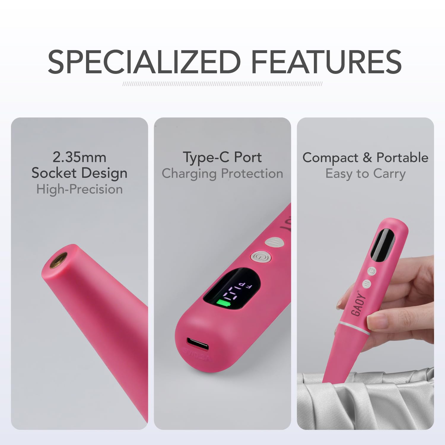 GAOY next to a hand and coin for scale showing lightweight portability benefit