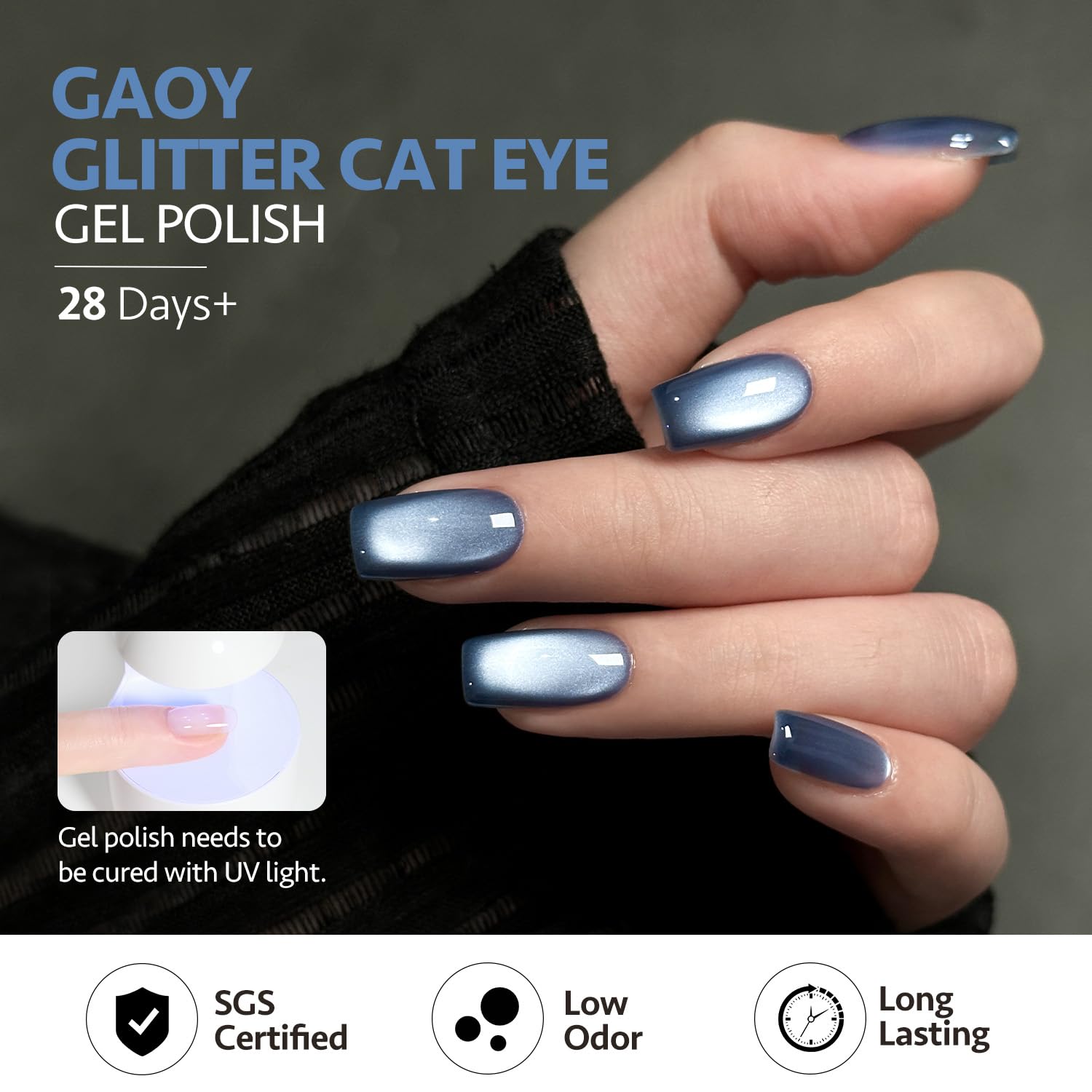 GAOY swatch on hand displaying glitter holographic finish for visual depth