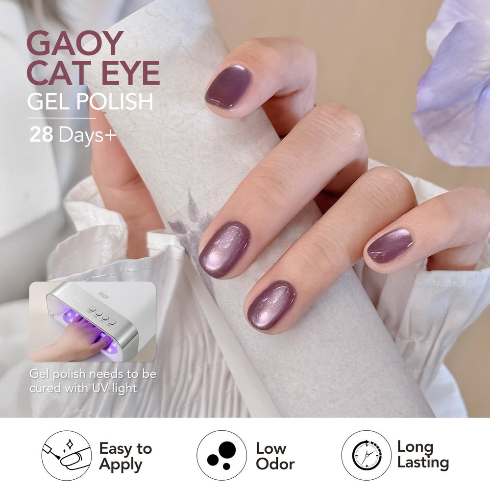 GAOY swatch strip with six iridescent purple shades, shows layering and shimmer