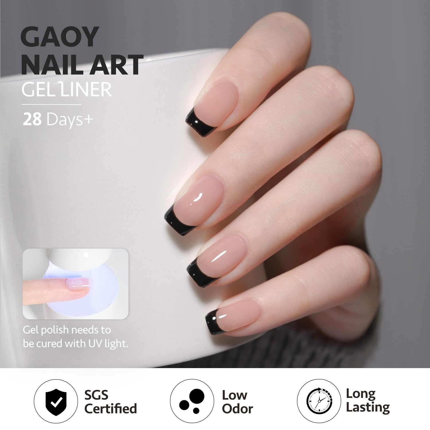 GAOY glossy black stroke on nail demonstrating smooth texture and high shine