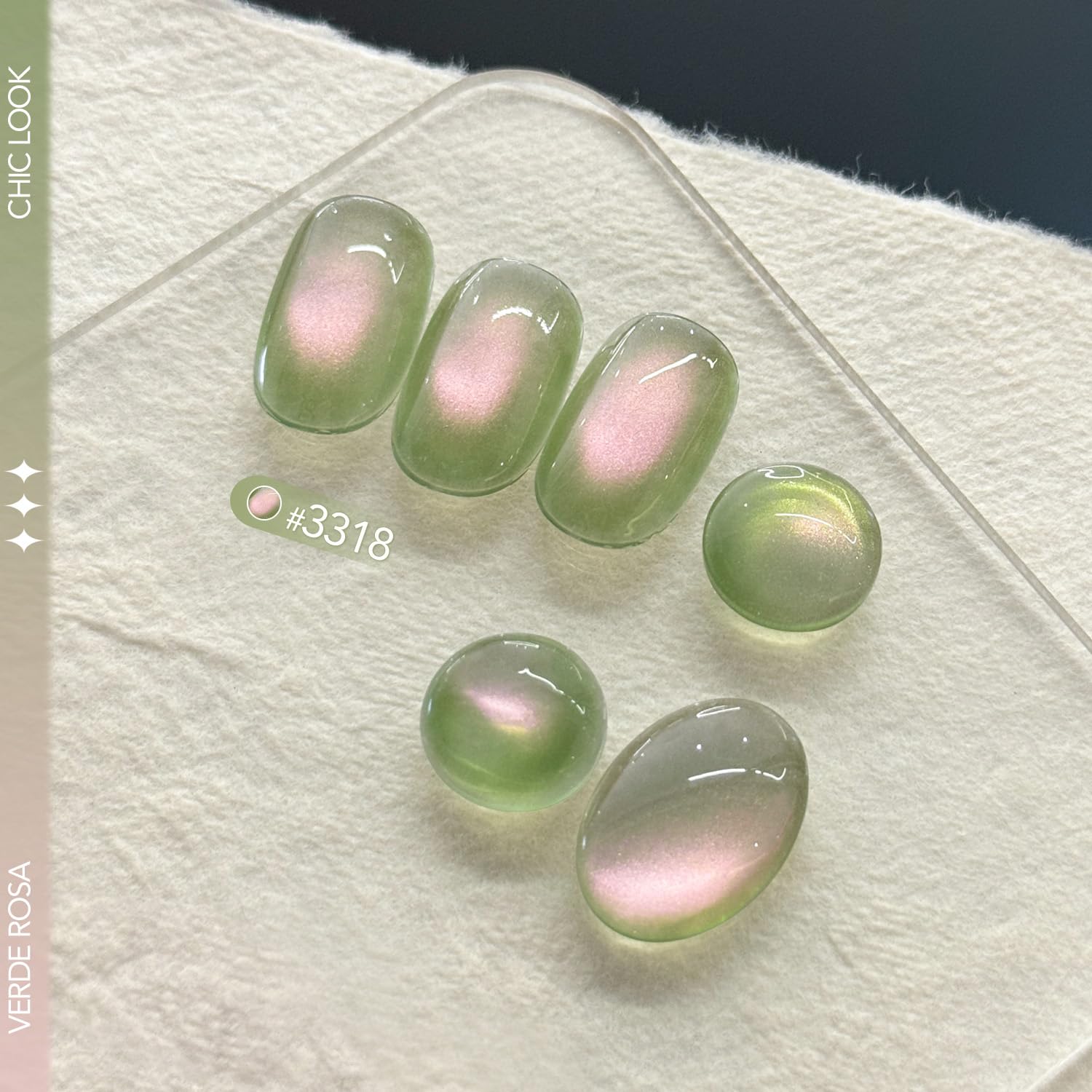 GAOY on-nail swatch on hand showing how Verde Rosa shifts green to pink for wearable color inspiration