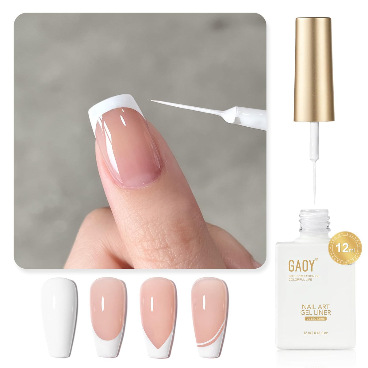 GAOY front bottle showing 12ml white gel liner and clear label for precise art