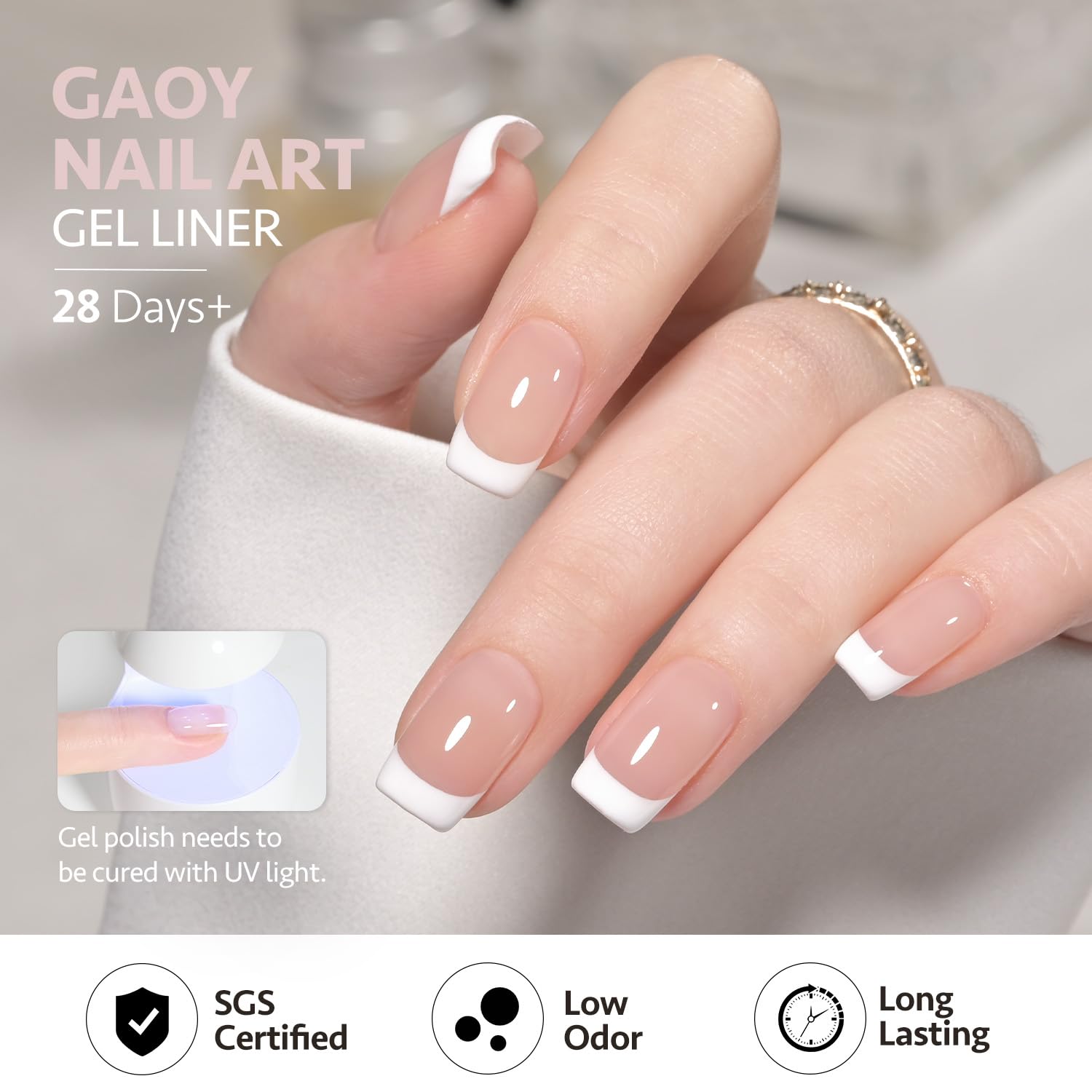 GAOY cured white swirl design on nails demonstrating crisp salon finish