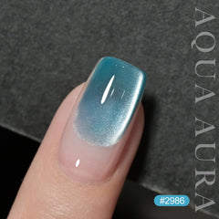 GAOY worn nails lifestyle photo showcasing reflective aqua finish and salon look