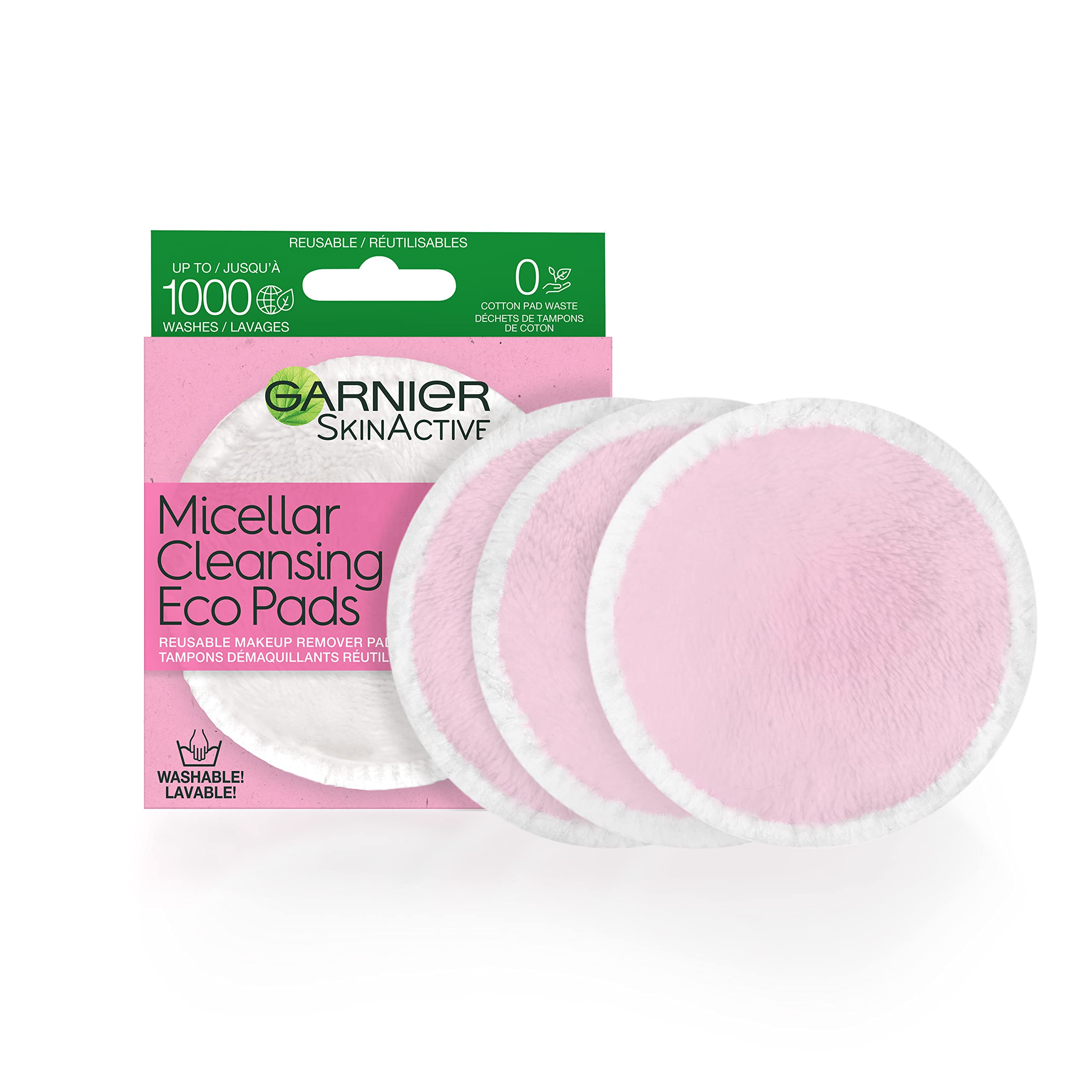 Garnier front packaging showing three reusable eco pads and benefits