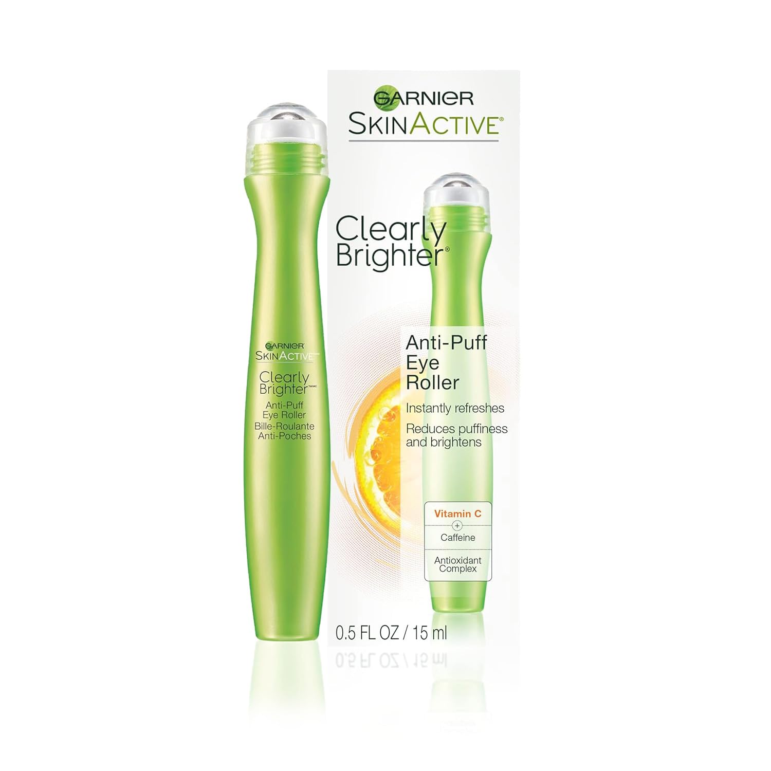 Garnier eye roller front packaging shows product and benefits