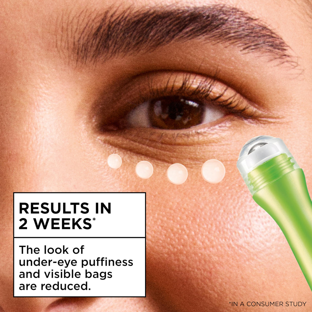 Garnier eye roller in use demonstrating quick de-puffing effect