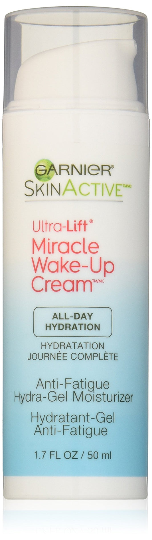 Garnier front packaging of Miracle Anti-Fatigue Hydra-Gel showing label and jar benefits