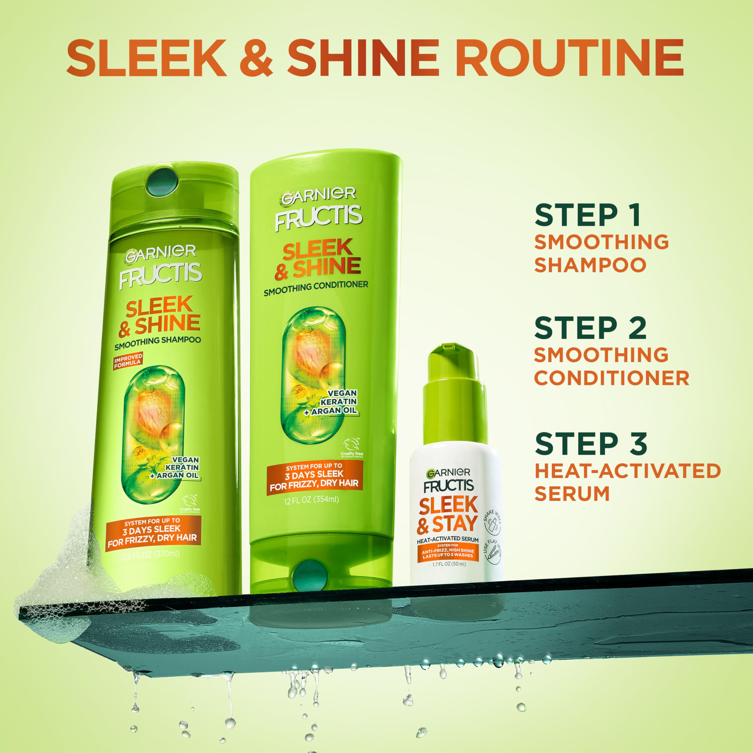Garnier Fructis used with flat iron demonstrating heat protection up to 450°F
