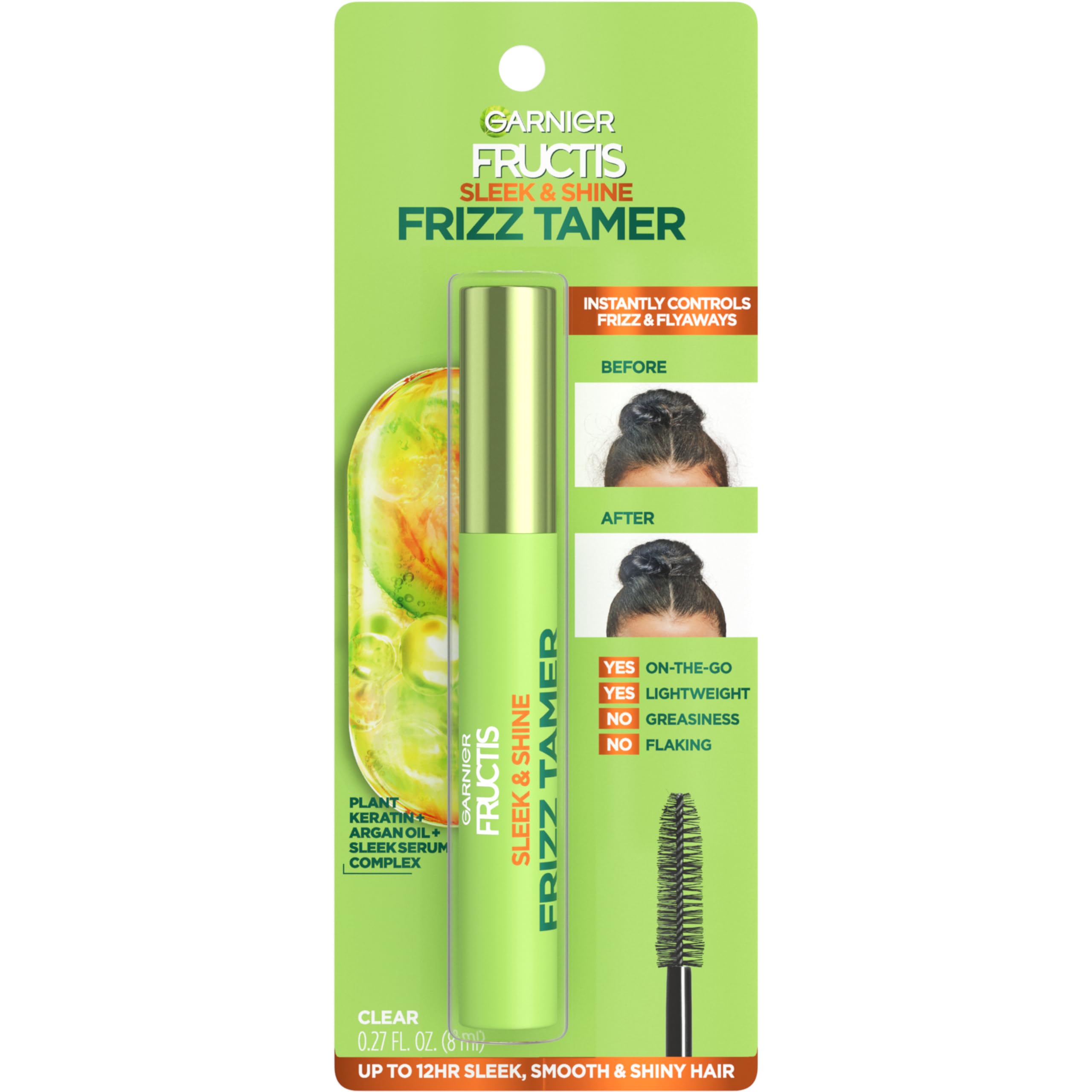 Garnier Fructis front packaging showing compact frizz wand and benefits