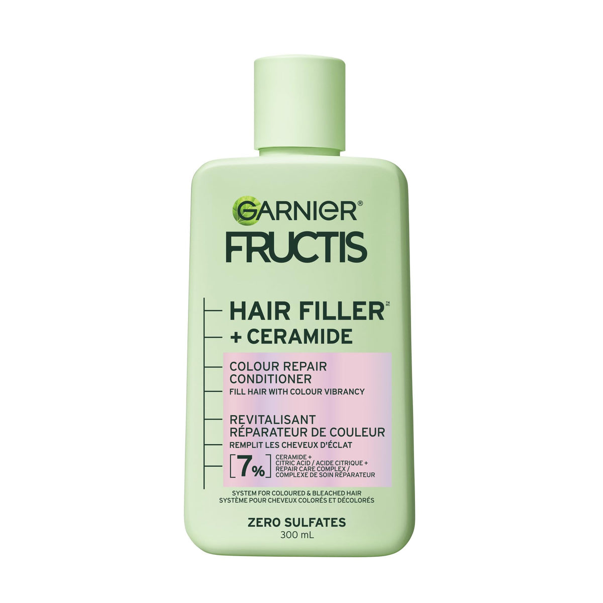 Garnier Fructis front packaging shows bottle and benefits clearly