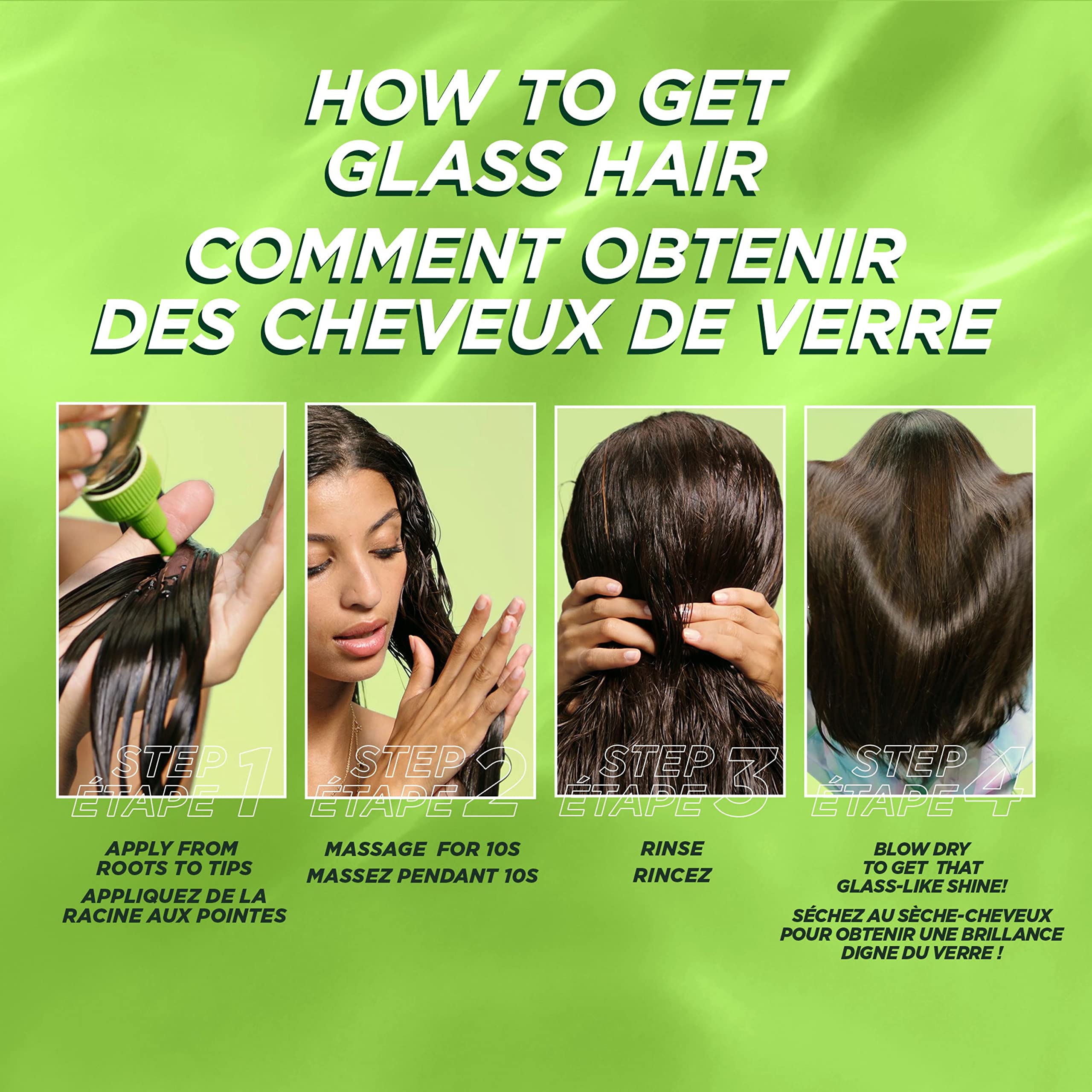 Applying Garnier to wet hair demonstrating quick 10‑second massage benefit