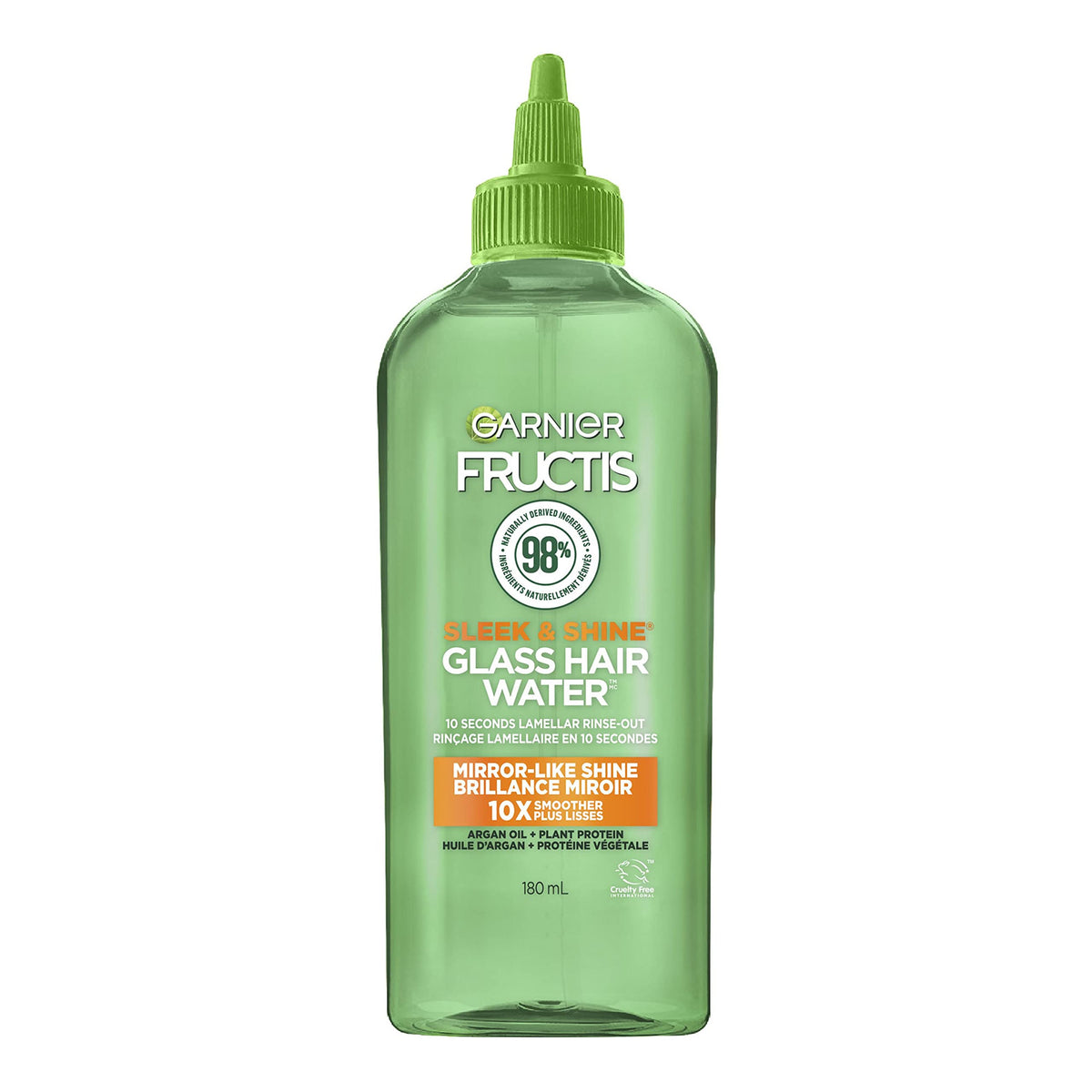 Garnier bottle front view showing sleek glass hair water and fast shine benefit