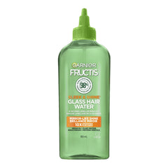 Garnier bottle front view showing sleek glass hair water and fast shine benefit